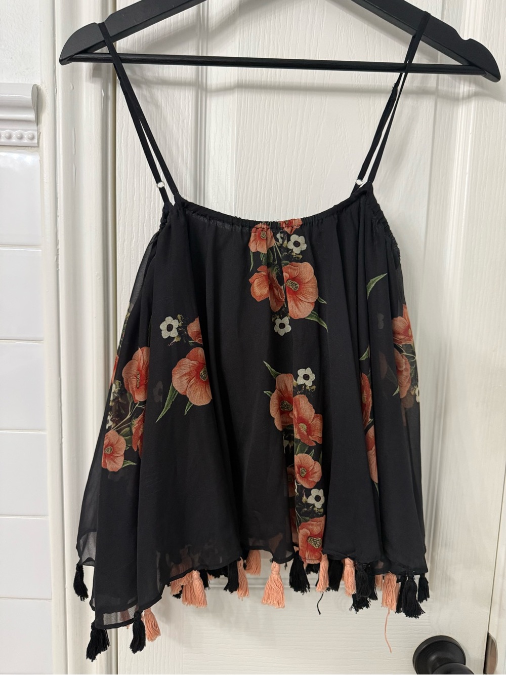 Floral Tassel Camisole Tank Top - Black with Coral Flowers